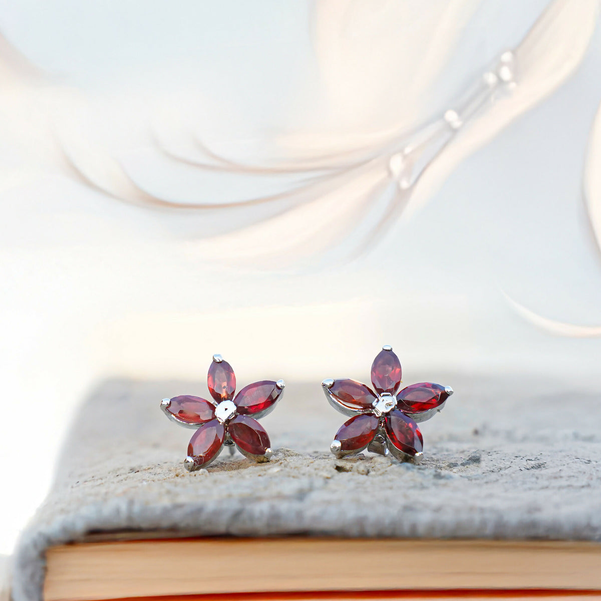 925 Sterling Silver Garnet Eartops for Women | Natural Red Gemstone Stud Earrings | Rhodium Finish Silver Jewelry