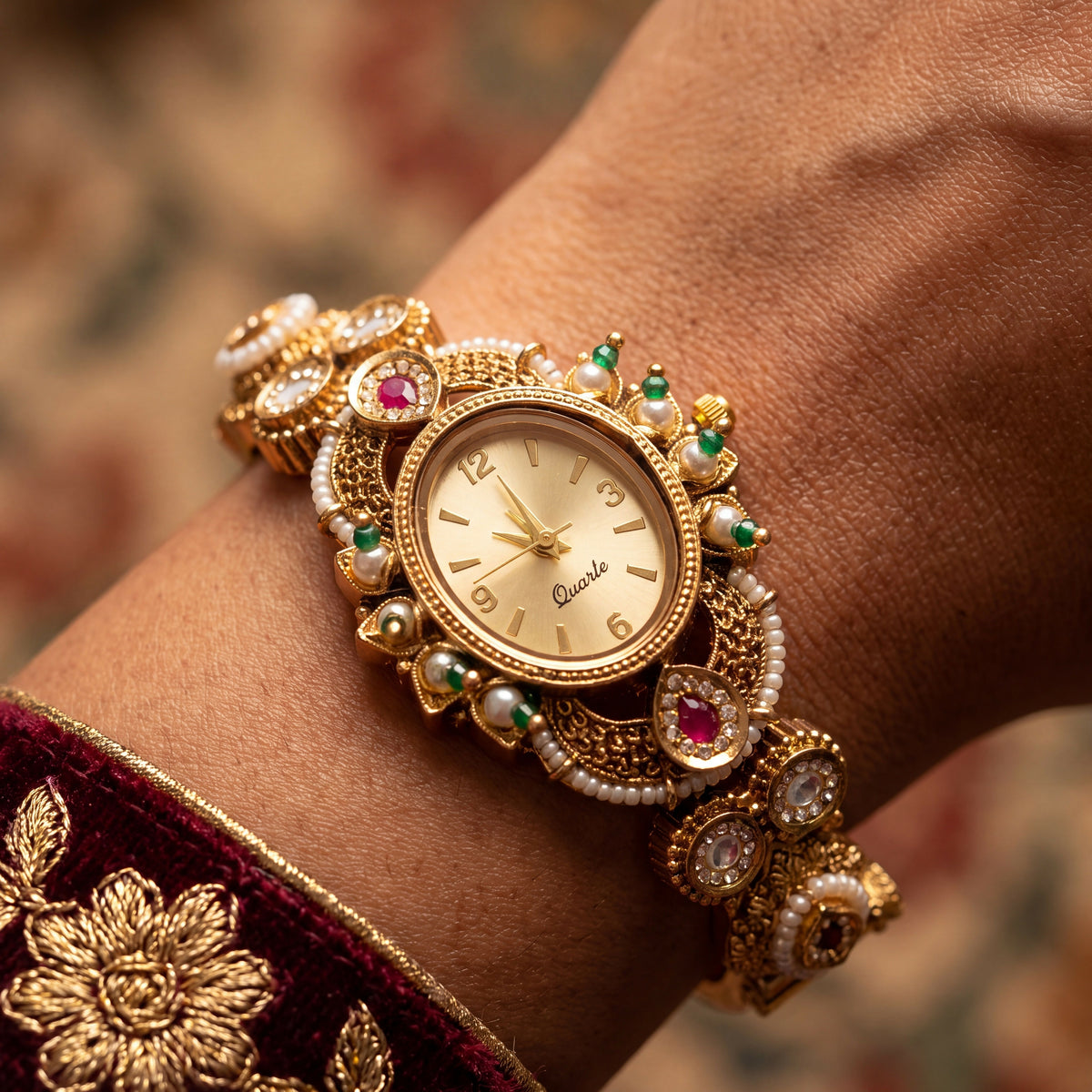 Antique Gold Ruby Emerald Kundan Oval Dial Bracelet Watch for Women & Girls | Stylish Watch | Wrist Watches for Girls | Ideal for gifting | Gift for Diwali, Christmas, Marriage, Birthday, anniversary, wedding