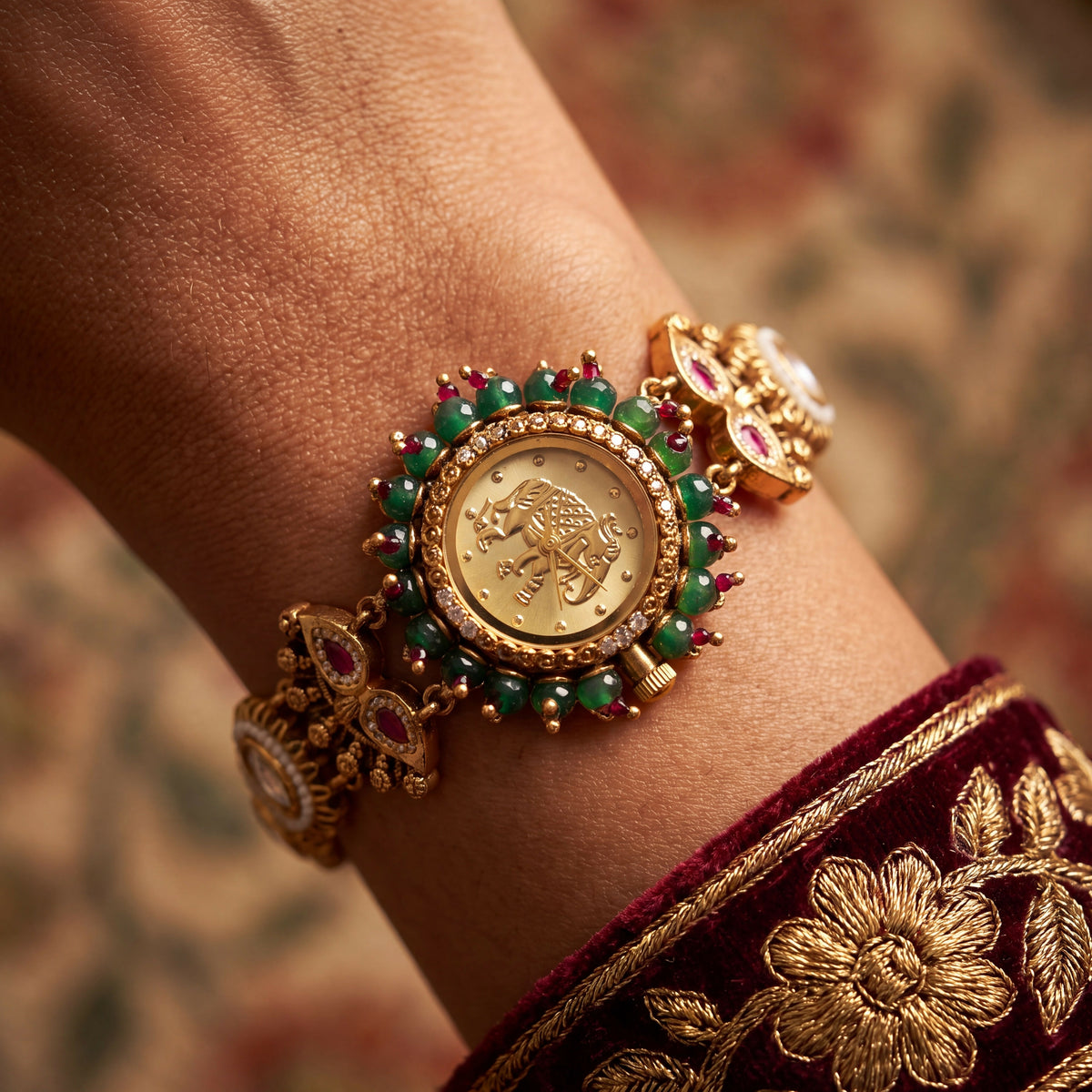 Antique Gold Dial Elephant Motif CZ Emerald Bead Bracelet Watch for Women & Girls | Stylish Watch | Wrist Watches for Girls | Ideal for gifting | Gift for Diwali, Christmas, Marriage, Birthday, anniversary, wedding
